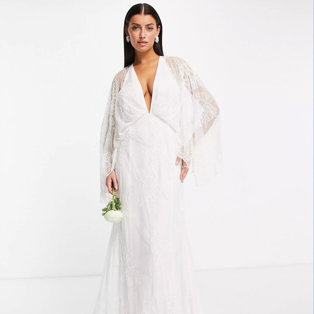 ASOS White Lace Wedding Dress with Sheer Kimono Sleeves